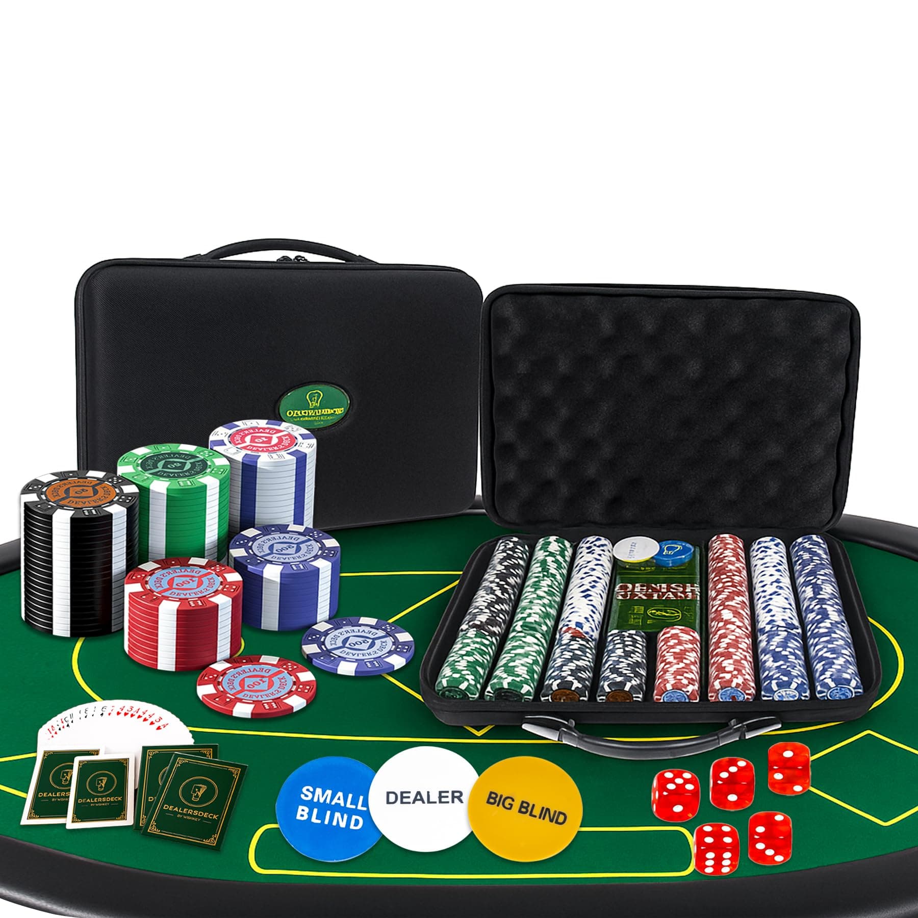 Wishkey Poker Chips Set 500 PCS With Rupee Printed Chips, 5 Dice, 2 Decks of Playing Cards, 3 Dealer Buttons & Premium Carry Case Casino Style Poker Game Set for Home Party, Friends & Family 14+ Years