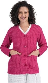 MANRA Women's Woolen V-Neck Buttoned Full Sleeve Cardigan Self Design Soft Wool Fabric Winter Wear Pure Wool Sweater Fully Warm with Front Pockets Stylish Cardigan