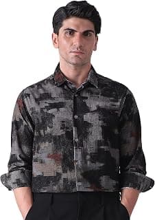 MUFTI Men Shirt | Slim Fit Spread Collar Abstract Camouflage Print | 100% Cotton Corduroy Fabric | Party