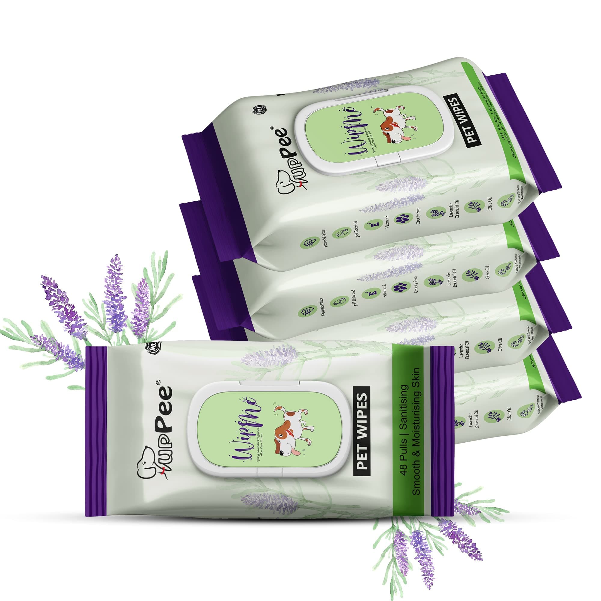 PUPPEE Wipe ME 100% Biodegradable 240 Count (Pack of 5) Wet Wipes for Dogs, Cats & All Pets | Lavender Essential, Vitamin E & Olive Oil | Anti-Bacterial | Cleansing, Deodorising & Grooming Wipes