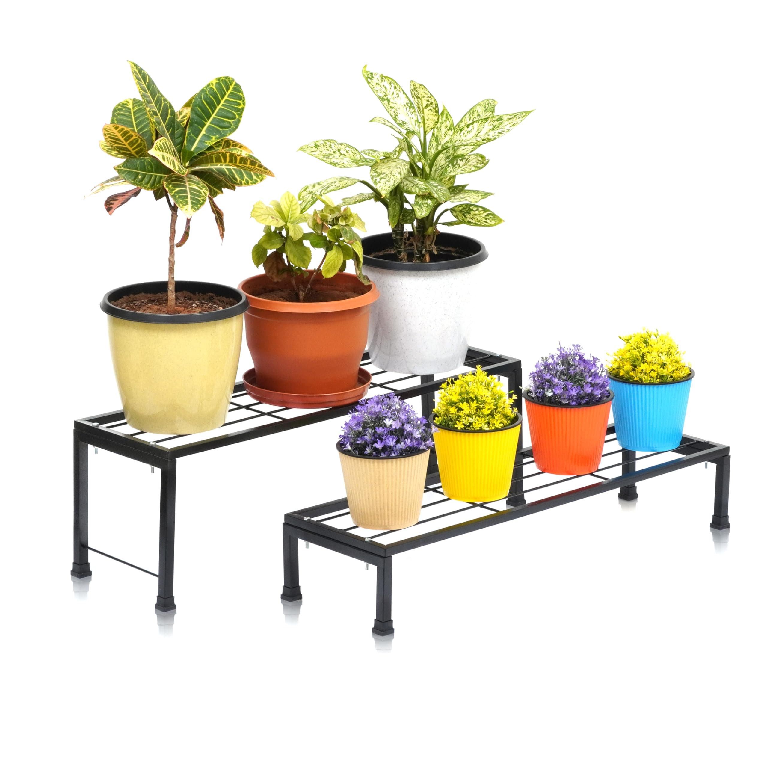 Living Plant Stands with Different Heights - Indoor/Outdoor Metal Planter Stands for Flower Pots - Space Saving Design - 100kg Load Capacity - Powder-Coated, Easy Assembly(Set of 2, Medium & Small)