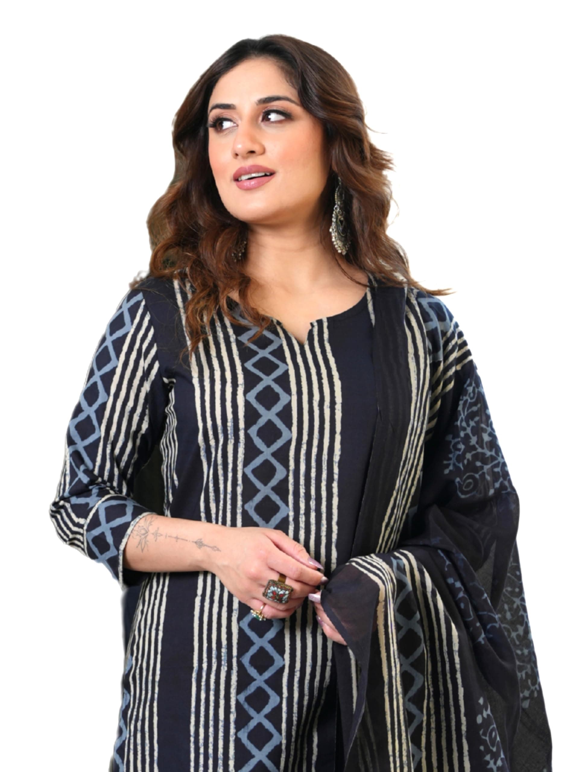 Arayna Women's Pure Cotton Hand Block Printed Style Ethnic Kurta Set with Dupatta | Black & Indigo