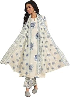 Libas Womens Printed Silk Blend Straight Kurta with Trousers and Dupatta Suit