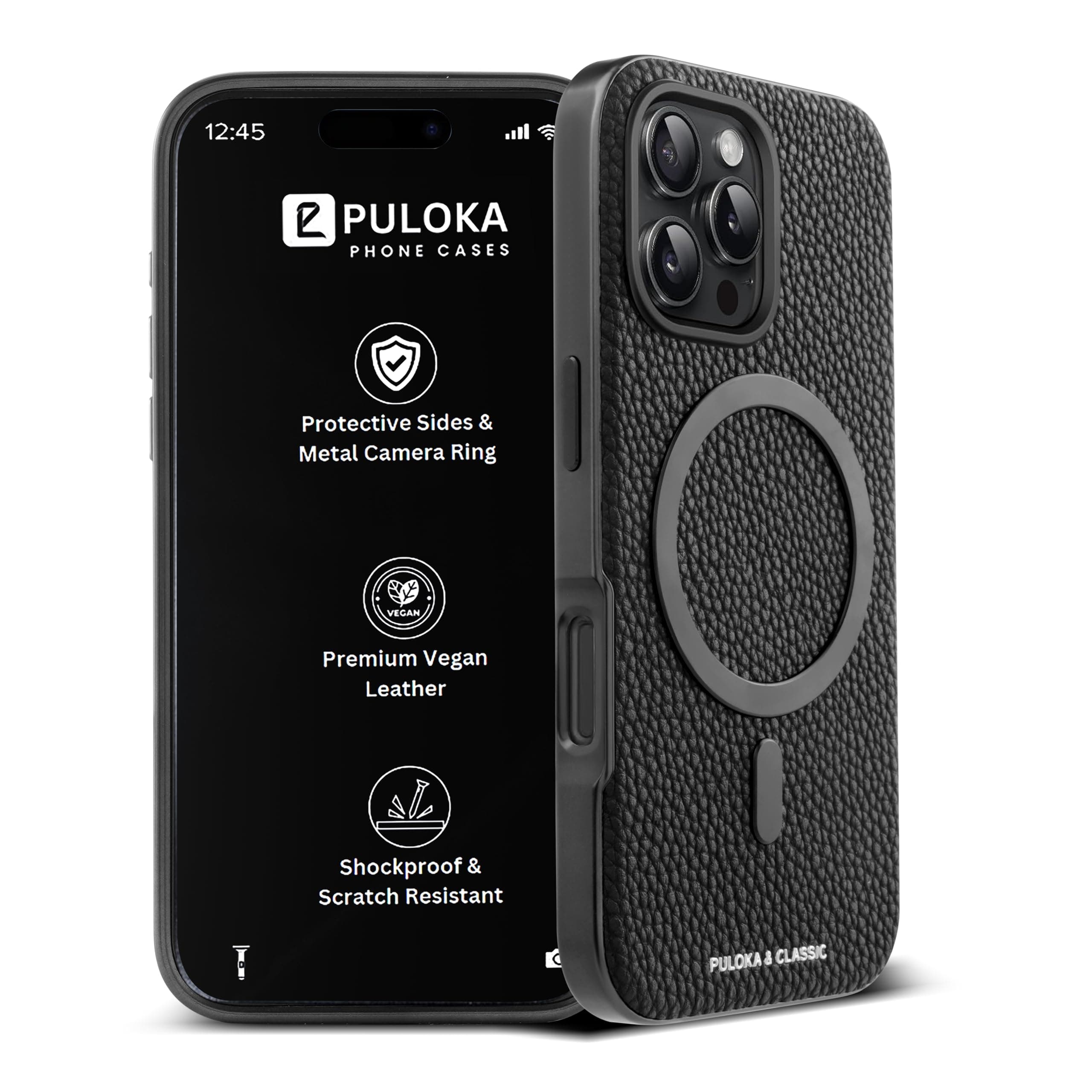 PULOKA Magnetic Ring Back Cover Mobile Back Cover - Compatible with iPhone 16 PRO - Mag-Safe Design - Textured Vegan Leather - Electroplated Sides Case - Camera Protetection & Raised Edges - Black