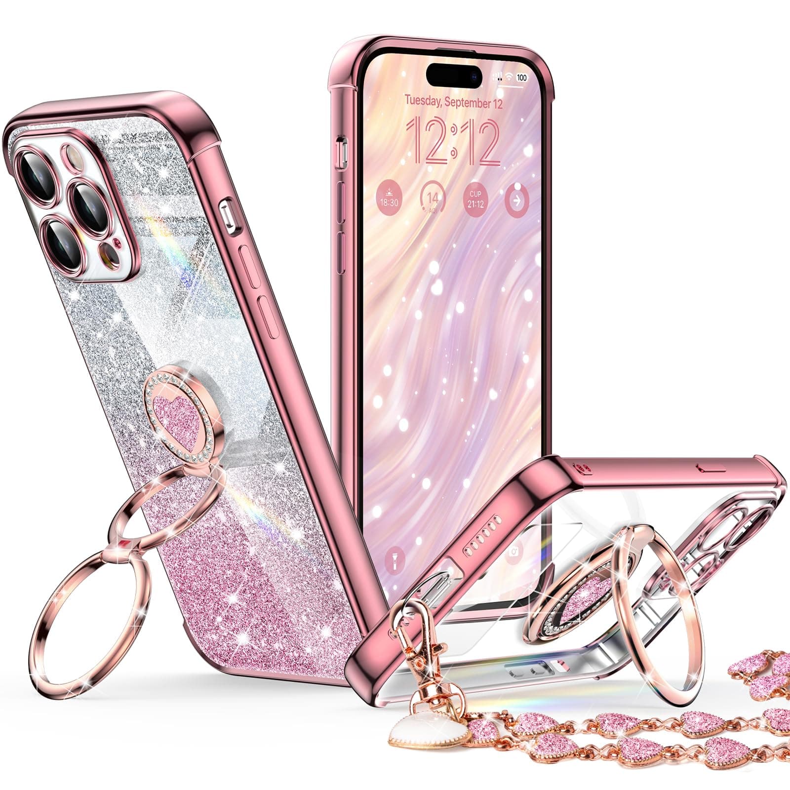 XYZ for iPhone 15 Pro Max Back Cover Case with Stand, Phone Case with Double Ring Kickstand, Women Girls Cute Love-Heart Luxury Bling Protective Case Heart for iPhone 15 Pro Max 6.7 inch, Rose Gold