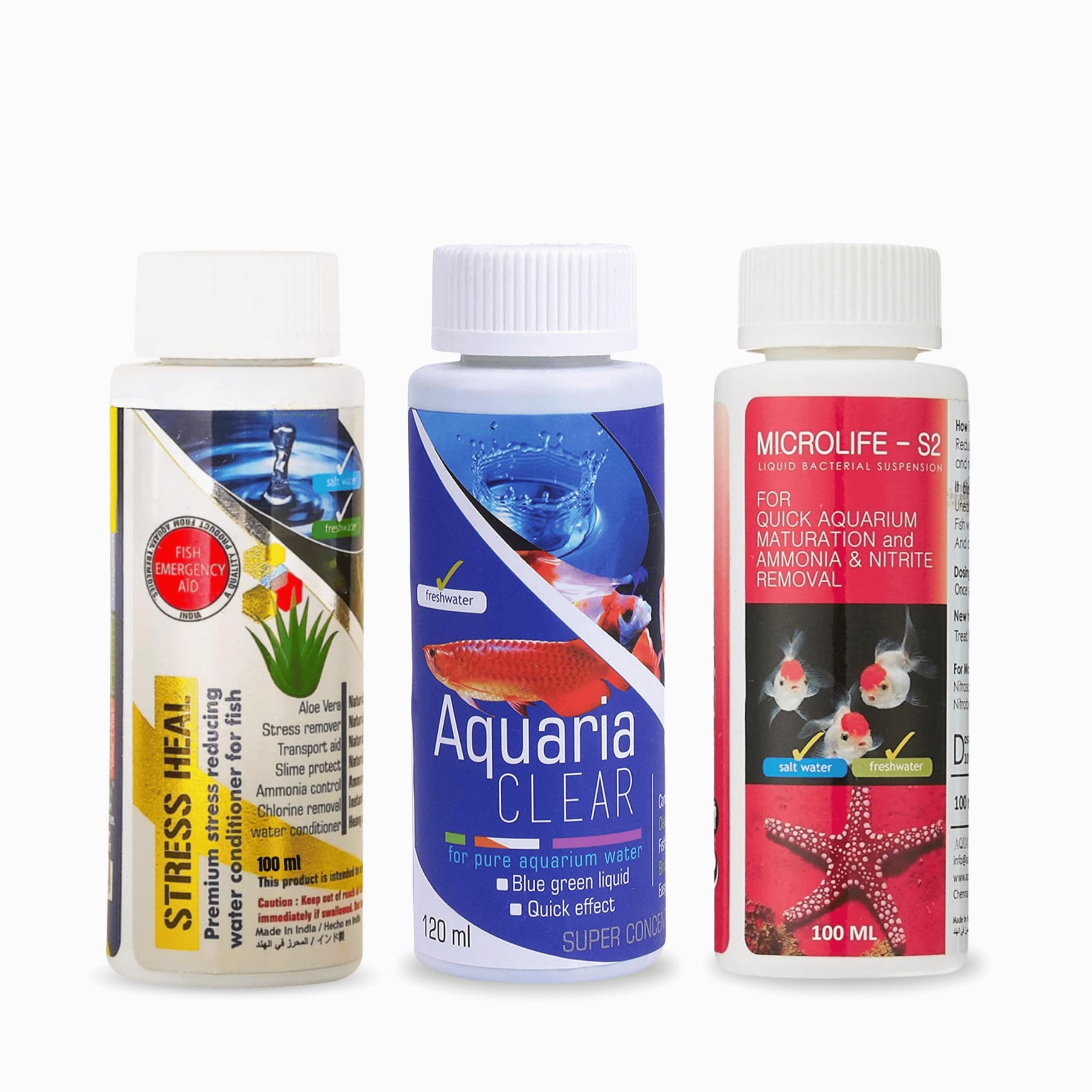 Foodie Puppies Aquatic Remedies Aquarium Fish Tank Must Have Starter Combo (Stress Heal + Aquaria Clear + Micro Life S2) 3 * 100 ML - 3 Pcs Combo (Micro Life, Stres Heal & Aquaria Clear 100 Ml Each)
