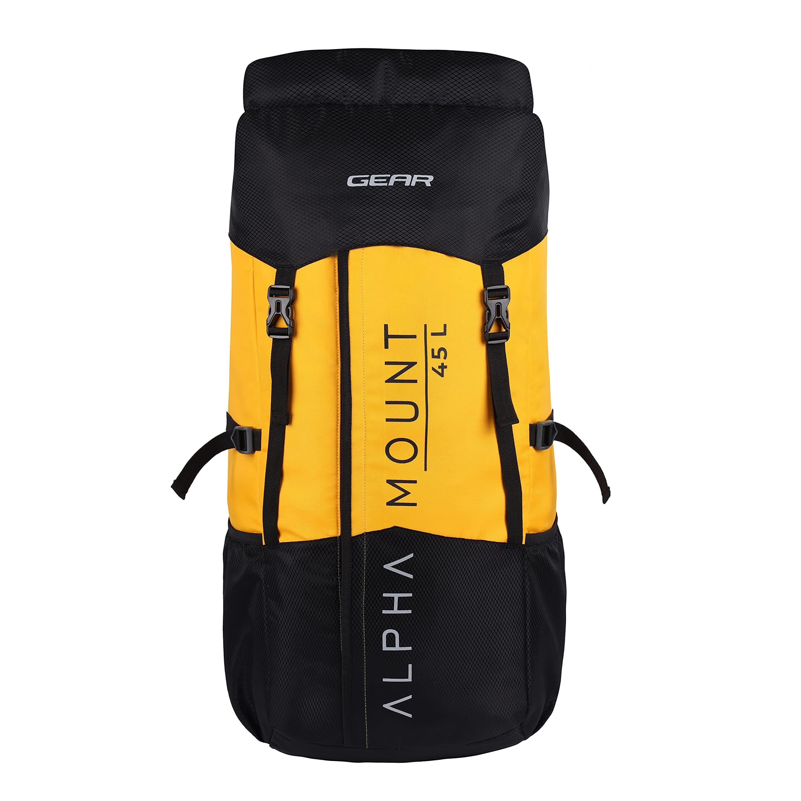 Gear Alphamount 48L Large Water Resistant Trekking 4 Compartment Rucksack/Hiking Bag/Travel Backpack for Men/Women (Black Yellow)