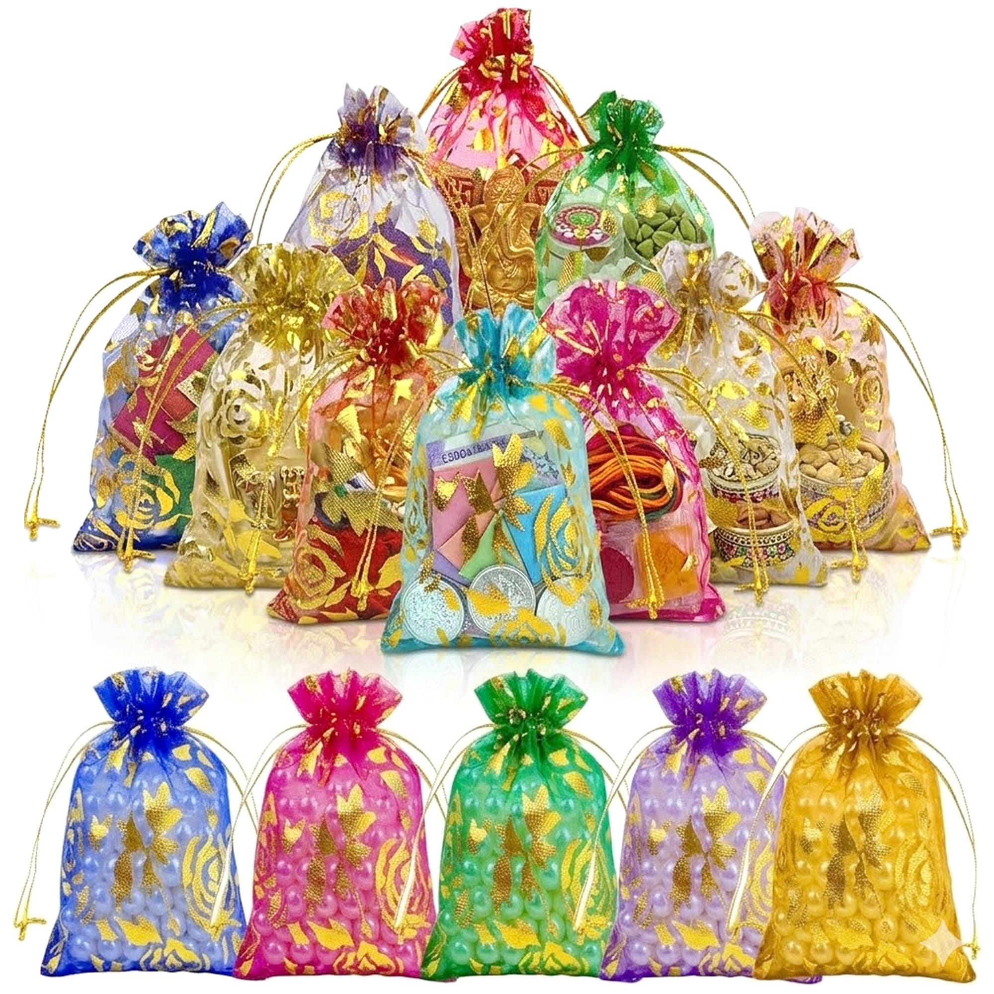 GLUN® Premium Shagun Potli/Jewellery Pouch Organza Bags for Return Gifts, Shagun Potli, Dry Fruits Packing, Wedding & Party Favor Gift Packaging (Mixed Colors, Pack of 30)
