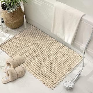 SANMARINO Non Slip Chenille Bath Mat, Extra Soft Bathroom Mat, Super Absorbent Fluffy Bath Mats for Bathroom, Machine-Washable Quick Dry Bath Rug Foot Mat, 16"x24", Beige