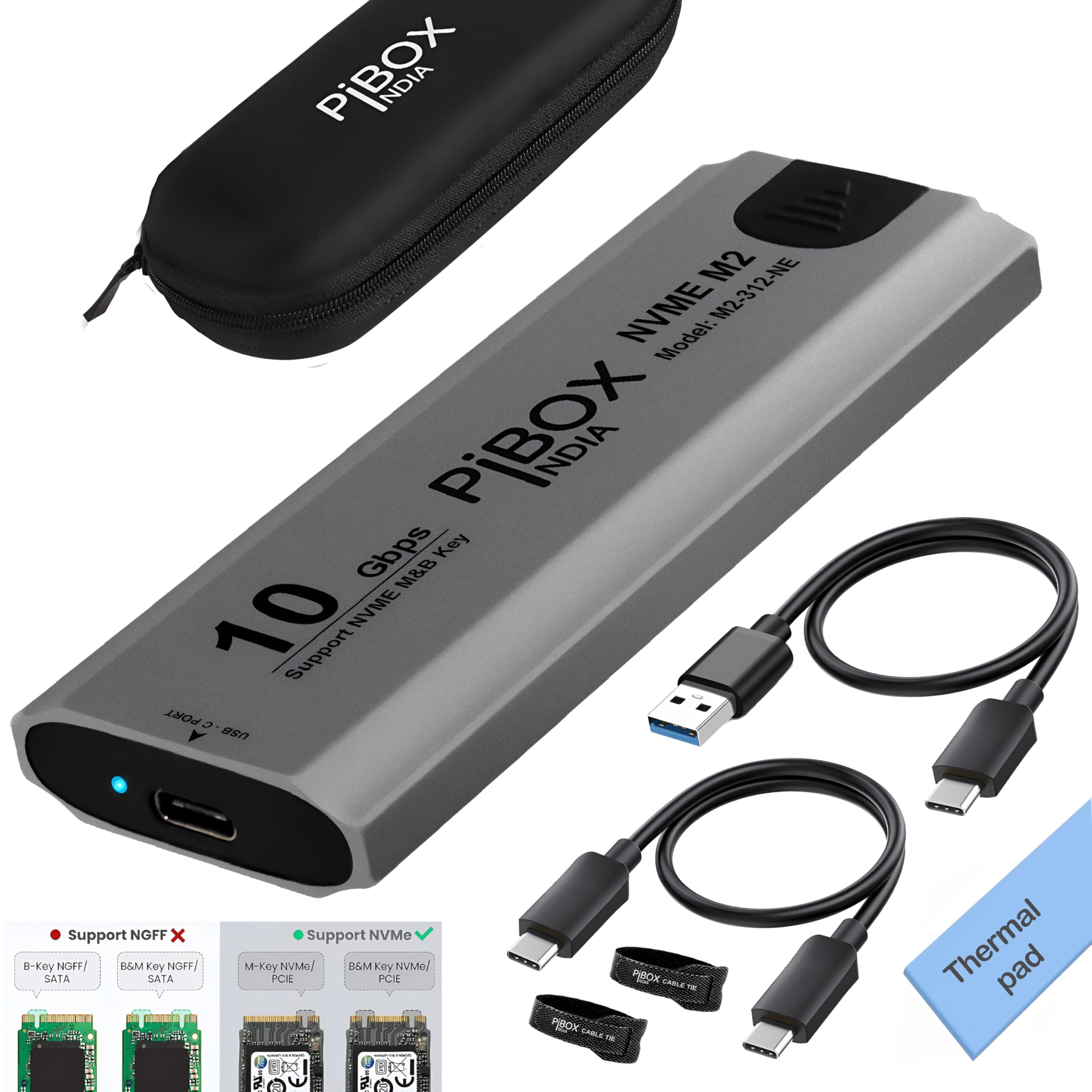 pibox India NVMe M2/M.2 Tool-Free SSD Enclosure Case with USB 3.2, 10Gbps & PCI-E NVMe Reader, USB-C, Supports M & B&M Keys, 2230/2242/2260/2280 SSDs, Realtek RTL9210 Chipset