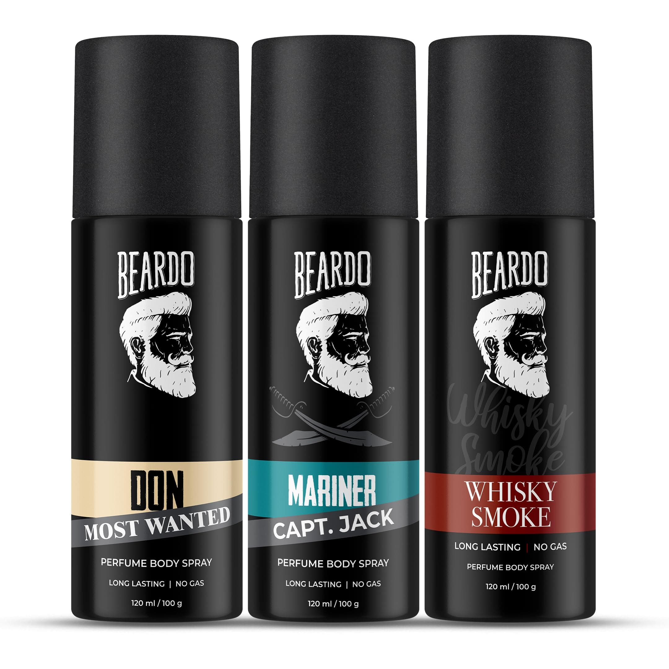 Beardo Don, Mariner Captain Jack & Whisky Smoke Body Spray Set for Men | Deodorant Perfume Body Spray | Citrus, Aqua & Woody Fragrances | 120ml x 3