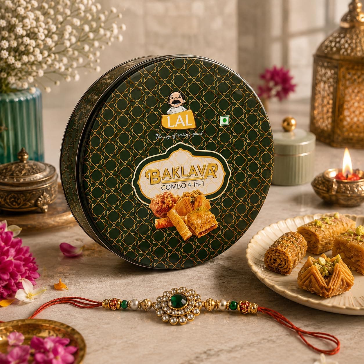 Lal Sweets Baklava (4-in-1) Tin - 400g Assorted Baklawa | with Rakhi | Turkish Baklav Sweet Gift for Rakshabandhan | Includes Finger, Square, Pyramid & Rose Baklava Inside | Serves in 16 Pcs