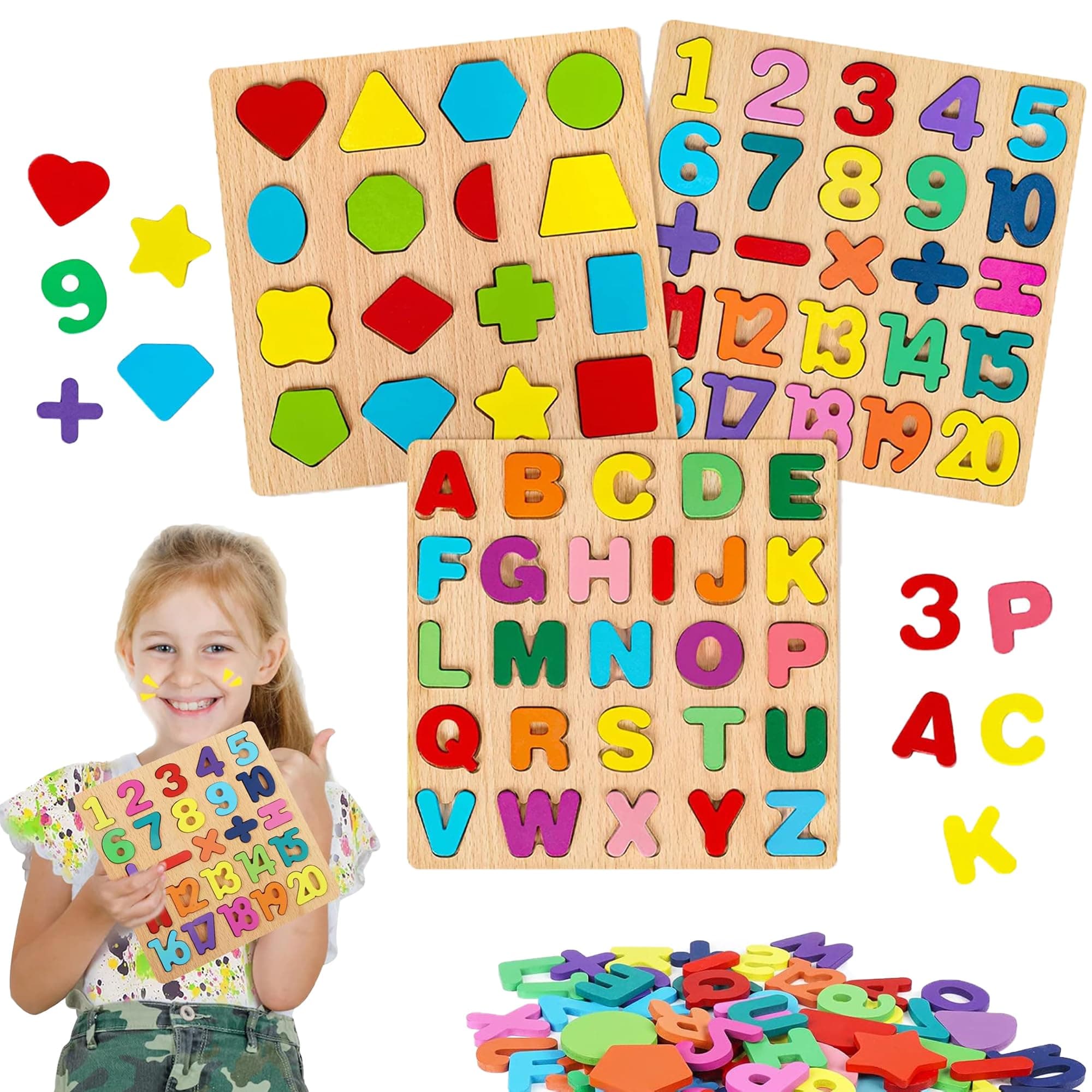 Kliffoo 3pcs Wooden Learning Educational Board for Kids, ABCD Puzzle Toys for 2 Years Old Alphabets, Numbers & Shapes Puzzle Montessori Toy for Pre-Schooler Boy & Girl (3pcs Alphabet,Numbers,Shape)