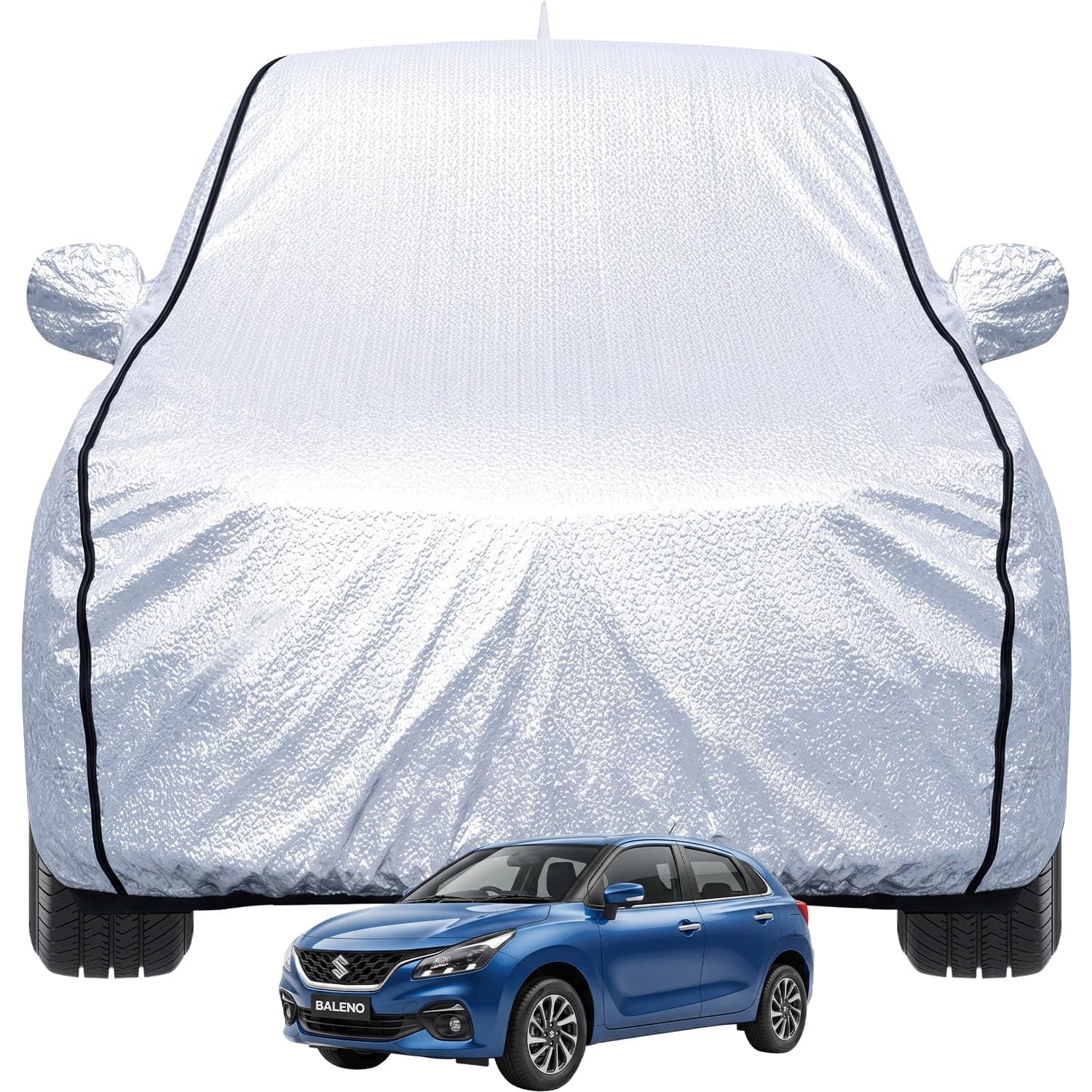 Pivalo Car Cover for Maruti Baleno All Model & Years (2015-2026) 100% Waterproof with Mirror & Antenna Pocket Triple Stitched Bottom Elastic Dustproof Full Body Protection (Heat & UV Resistant,Silver)
