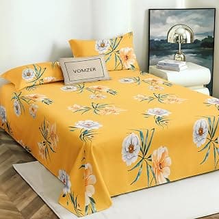 VOMZER 300 TC Cotton Feel King Size Flat Bedsheet for Double Bed with 2 Pillow Covers 90x100 Inch (Yellow Flower)