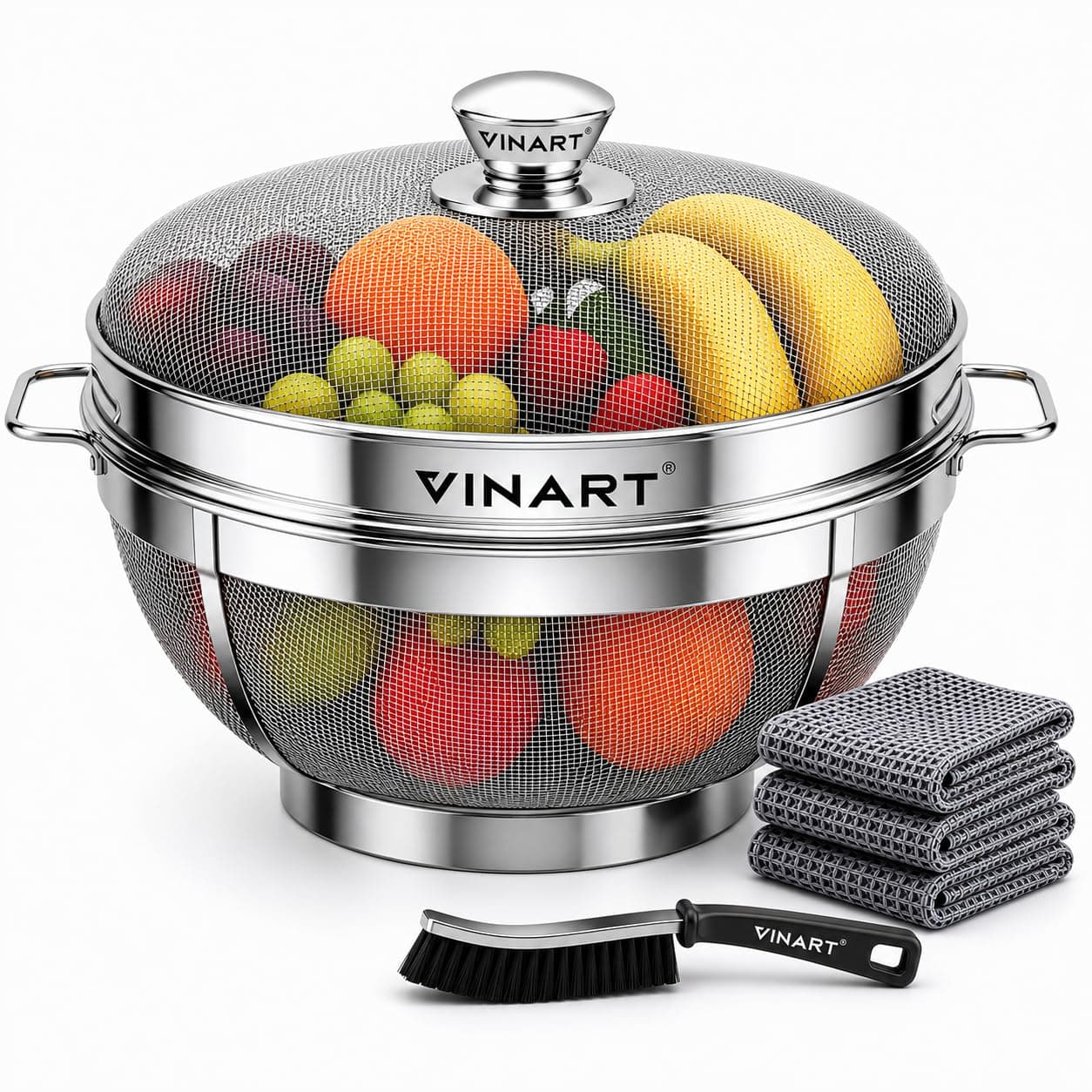 VINART Stainless Steel Fruit Basket with Lid | Fruit & Vegetable Storage Basket for Kitchen & Dining Table (Medium) 11inch
