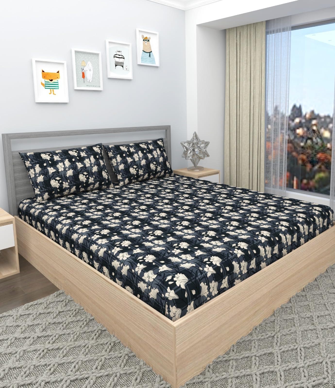 DECOREZA 350 TC Cotton Feel Glace Cotton Printed Elastic Fitted King Size Double Bed Bedsheet with 2 Pillow Covers|Fitted Bedsheets King Size 78 x 72 x 8, Space Leaves, Space Leaves- Multicolor