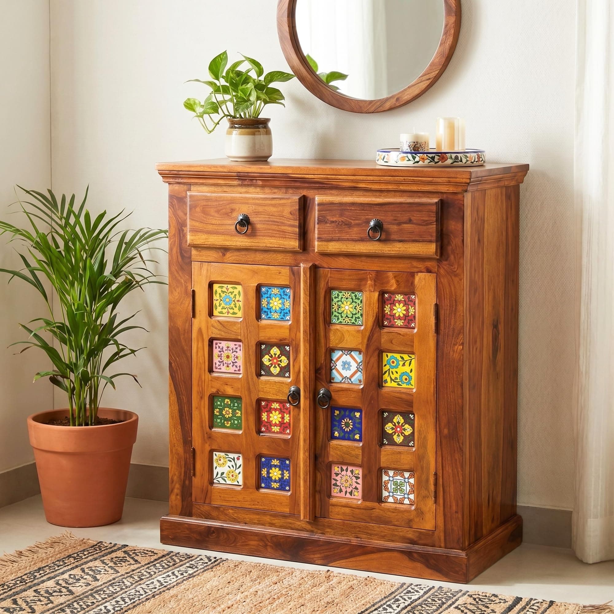 SONA ART & CRAFTS Tile Solid Sheesham Wood Sideboard Cabinet Storage Organizer with 2 Door & 2 Drawer Cabinet for Home Kitchen Living Room & Bedroom Multi Shelves Cabinets Hallway (Honey Finish)