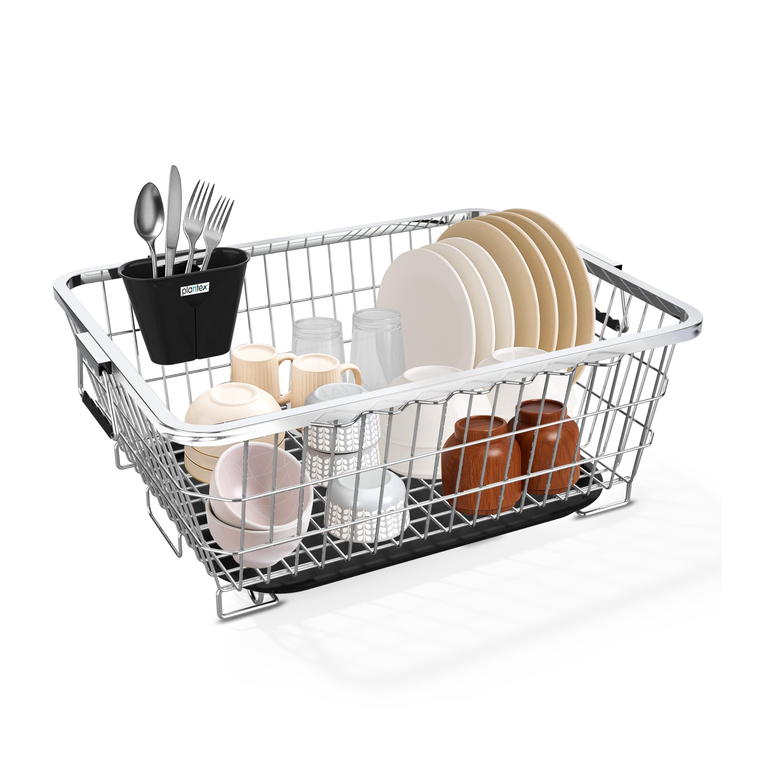 Plantex Stainless Steel Dish Rack with Drainer Tray/Utensil Drying Rack for Kitchen/Bartan Basket with Drain Tray/Rust-Resistant Vessel Drainer Basket Stand – Chrome Finish (54 x 40 x 24 cm)