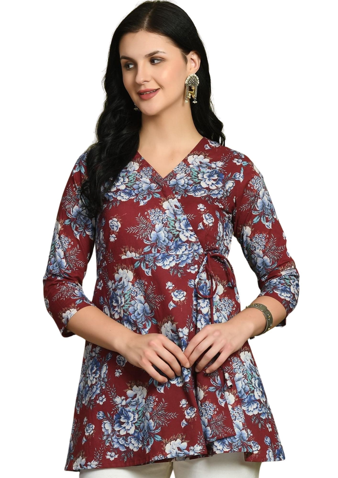 Floral Print Angrakha 3 Sleeves Flared Kurti