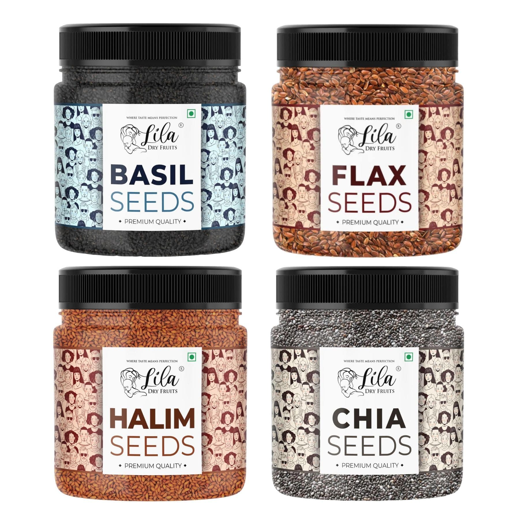 LILA DRY FRUITS Seeds Combo Pack Basil Seeds Chia Seeds Flax Seeds Halim Seeds (200 g x 4) Suitable for Women's Health, Rich in Iron Fiber, Helps Digestion | Perfect for Gifting