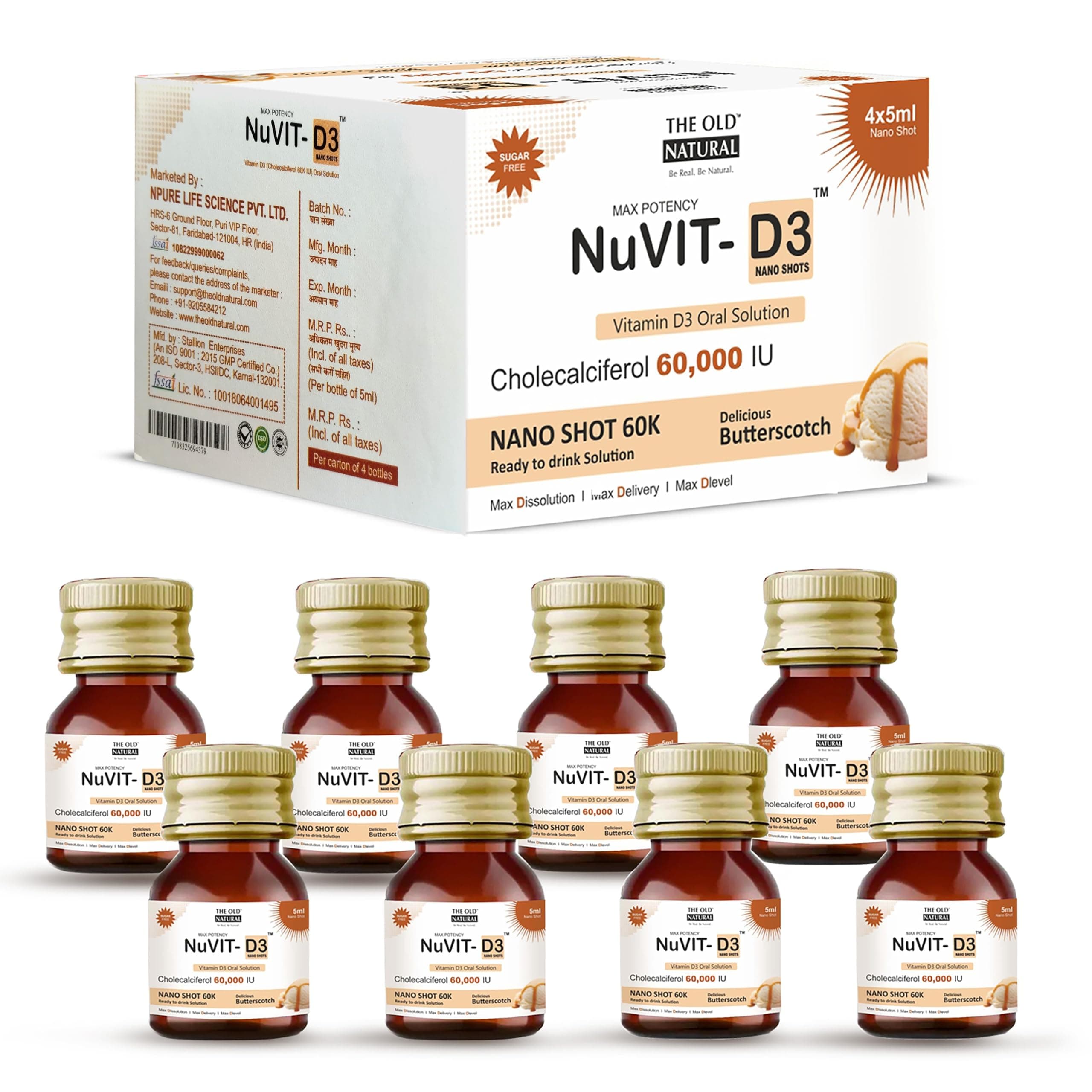 The Old Natural Nuvit D3 Vitamin D3 60000 IU Nano Shots | Cholecalciferol Vitamin D3 Oral Solution | Sugar Free Butterscotch Flavour | Supports Bone, Muscle & Immune Health | 2 x 5ml Nano Shots (10ml)