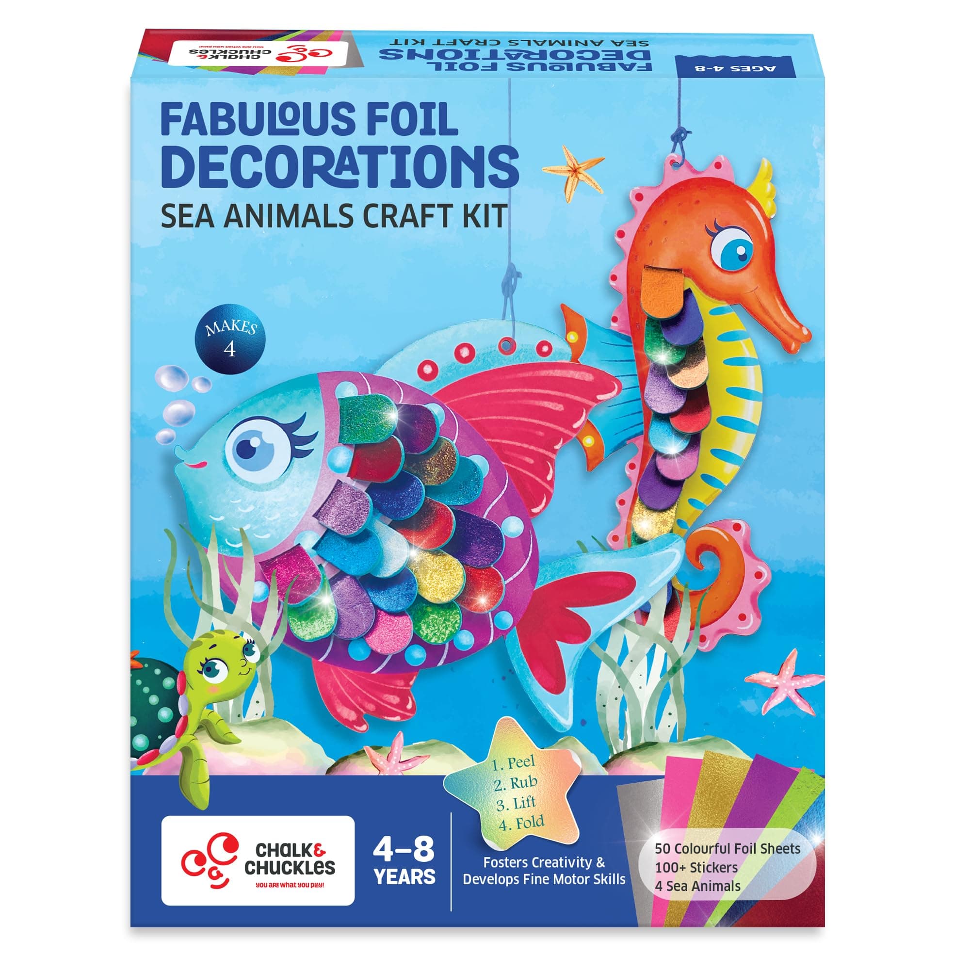 Chalk and Chuckles Fabulous Foil Art and Craft Kit for Kids Ages 4-8, 3D DIY Sea Animals Decorations, Birthday Gifts for Boys & Girls 5, 6, 7-9, Creative Toy, Mess-Free Activity