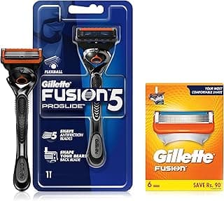 Gillette Proglide Men's Grooming Razor with Flexball Technology - Adapts to Facial Contours (1 pc) & Fusion Shaving Blades- Pack of 6 (Cartridges)
