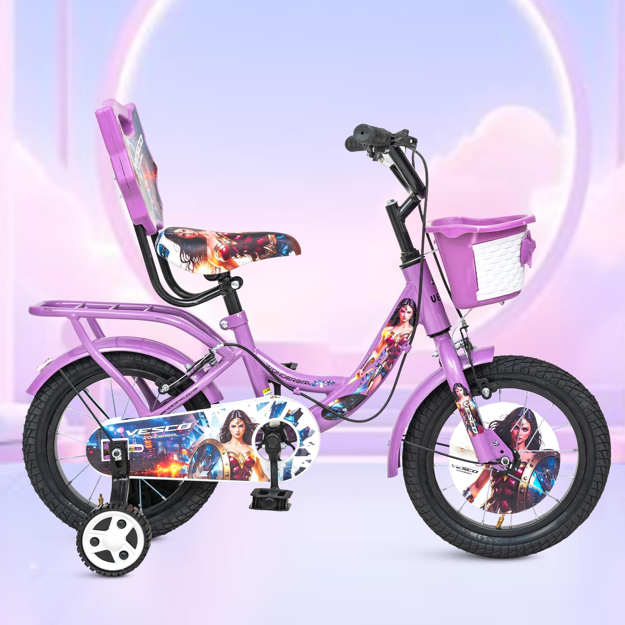 VESCO Rigid Suspension Wondergirl 14T Kids Cycle for Girls,Bicycle with Support Wheels,Basket,Carrier,Tube Tyres,BMX Handle,90% Assembled,Ideal for 3 5 Years,Purple Girls Bike,106 x 47 x 68 cm