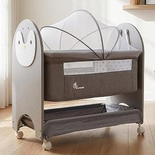 R for Rabbit R for Rabbit Lullabies Woodsy Snowy Manual Swing Wooden Baby Cradle for Newborn 0-18 Months | Cot/Bassinet with Mattress, Mosquito Canopy Net, Lockable Wheels & Storage Basket, Upto 15 Kg (Grey White)