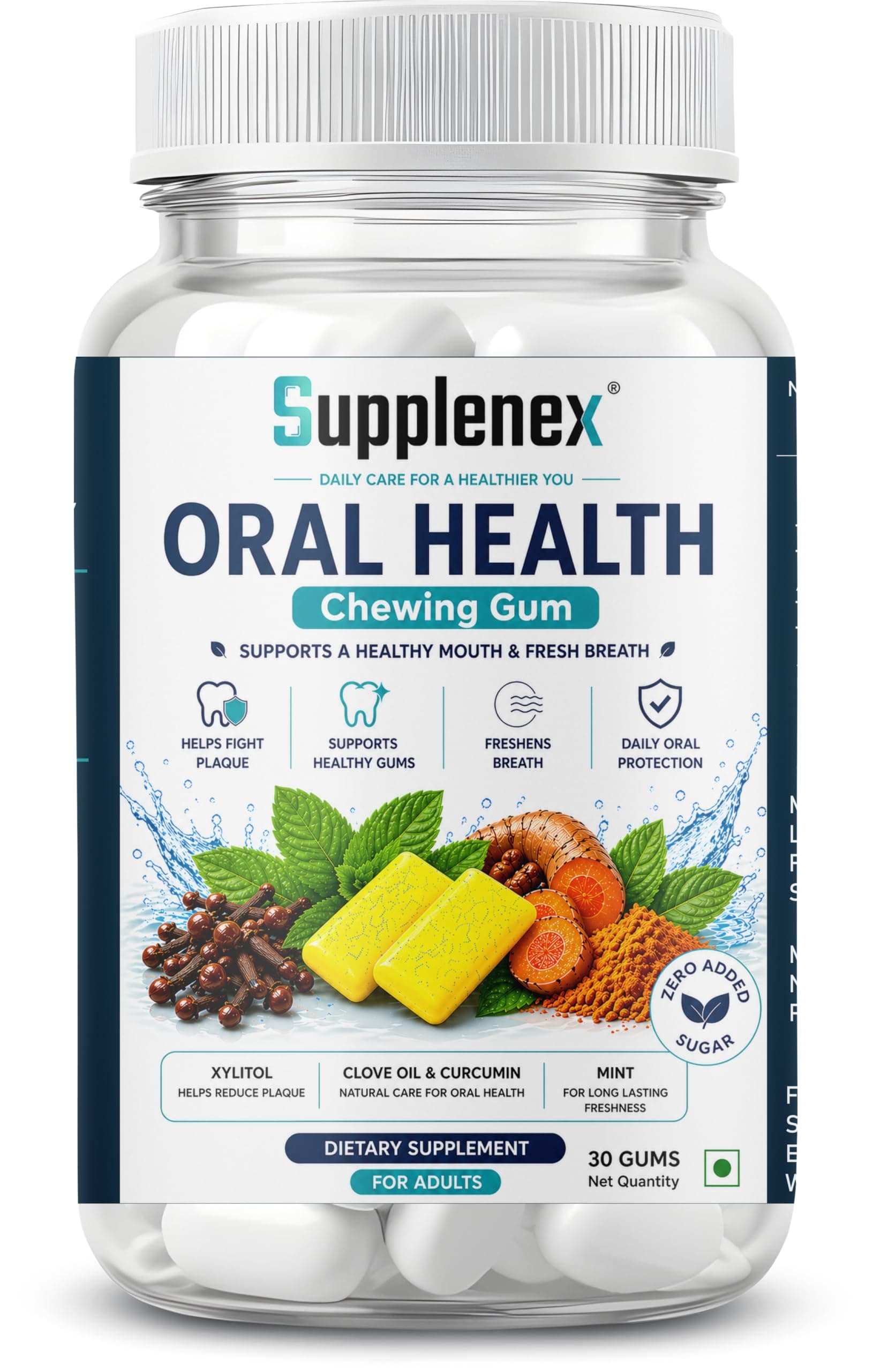Supplenex Oral Health Gum, Clove Oil Curcumin & Xylitol, Zero Sugar 30 Gum | Clove Oil & Curcumin Extract, Zero Added Sugar, Fresh Breath, Plaque Support & Healthy Gums, For Adults, 30 Chews