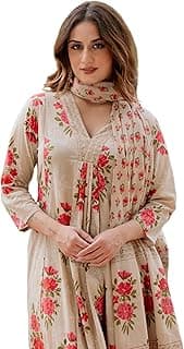 Arayna Women’s Pure Cotton Floral Printed Kurta Pant Dupatta Set | Elegant Ethnic Suit Set with Soft Floral Motifs | Straight Fit 3-Piece Set for Women