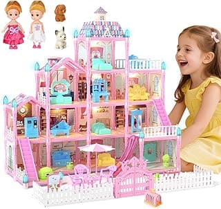 Doll House for Girls with Lights, 3 Dolls, 4 Floors -13 Rooms, 7 Sets of Furniture and Accessories, Design and Build Gift for 3 4 5 6 7 8+ Year Old Girls
