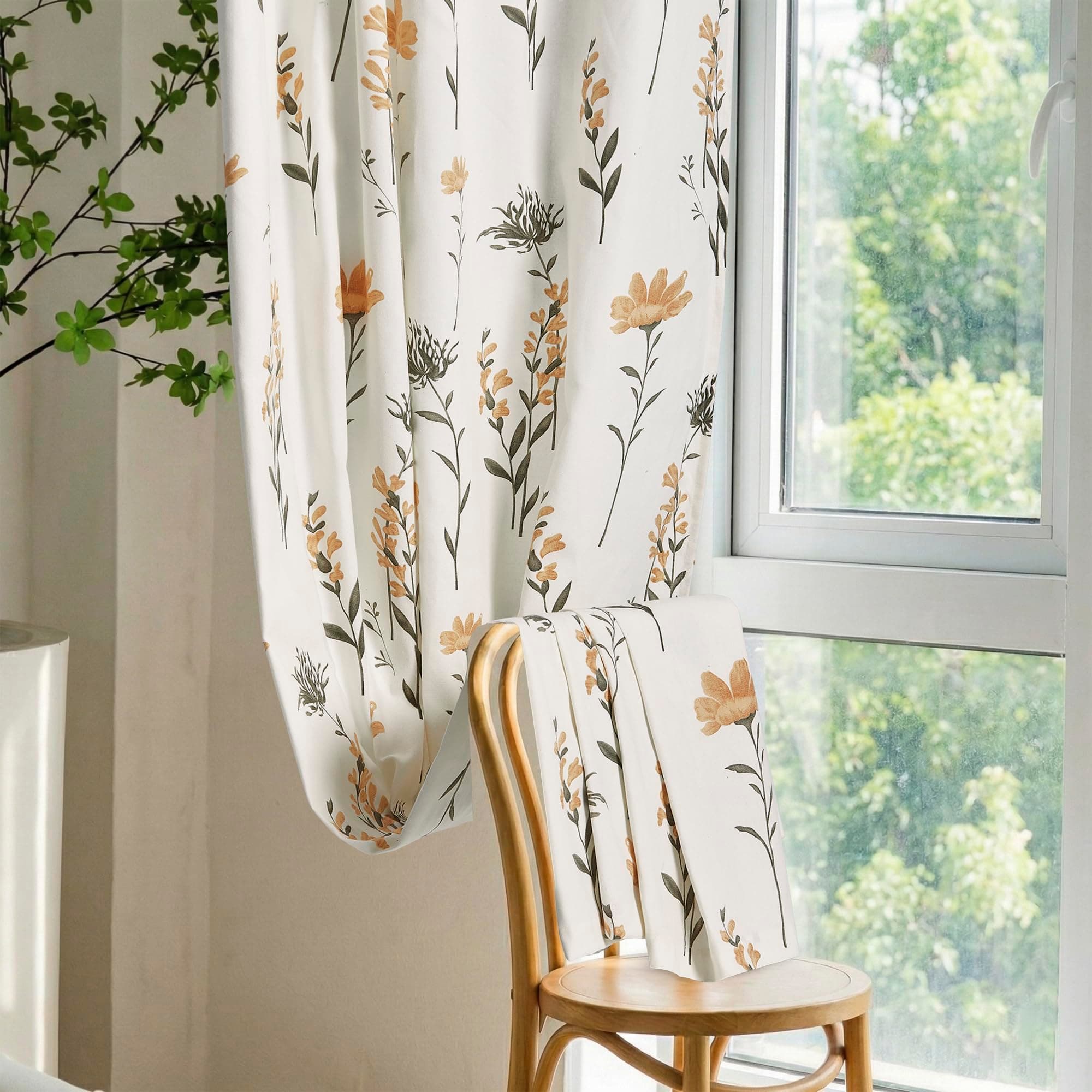 HUESLAND Cotton Curtains for Door, 7 feet Long 1 Bohemian Eyelet Curtain (Door 7 x 4 ft, Cream, Pastel Orange & Sage Green)