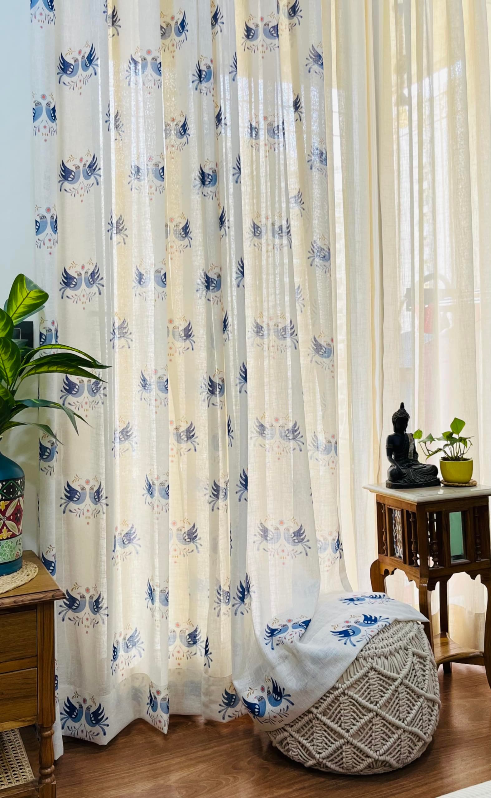 RANGBHAR Linen Textured Sheer Curtains with Eyelets, Light Filtering Curtains 5 Feet, Blue Sparrows, Door-5 Feet X 4 Feet