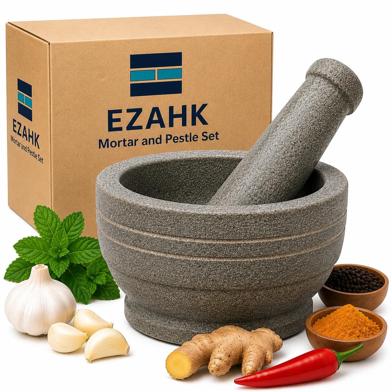 EZAHK Stone Mortar and Pestle Set for Spices, Okhli Masher, Khalbatta Stone, Natural & Traditional Grinder, Musal, Well Design for Kitchen, Home, Herbs (5.5 inch) Grey