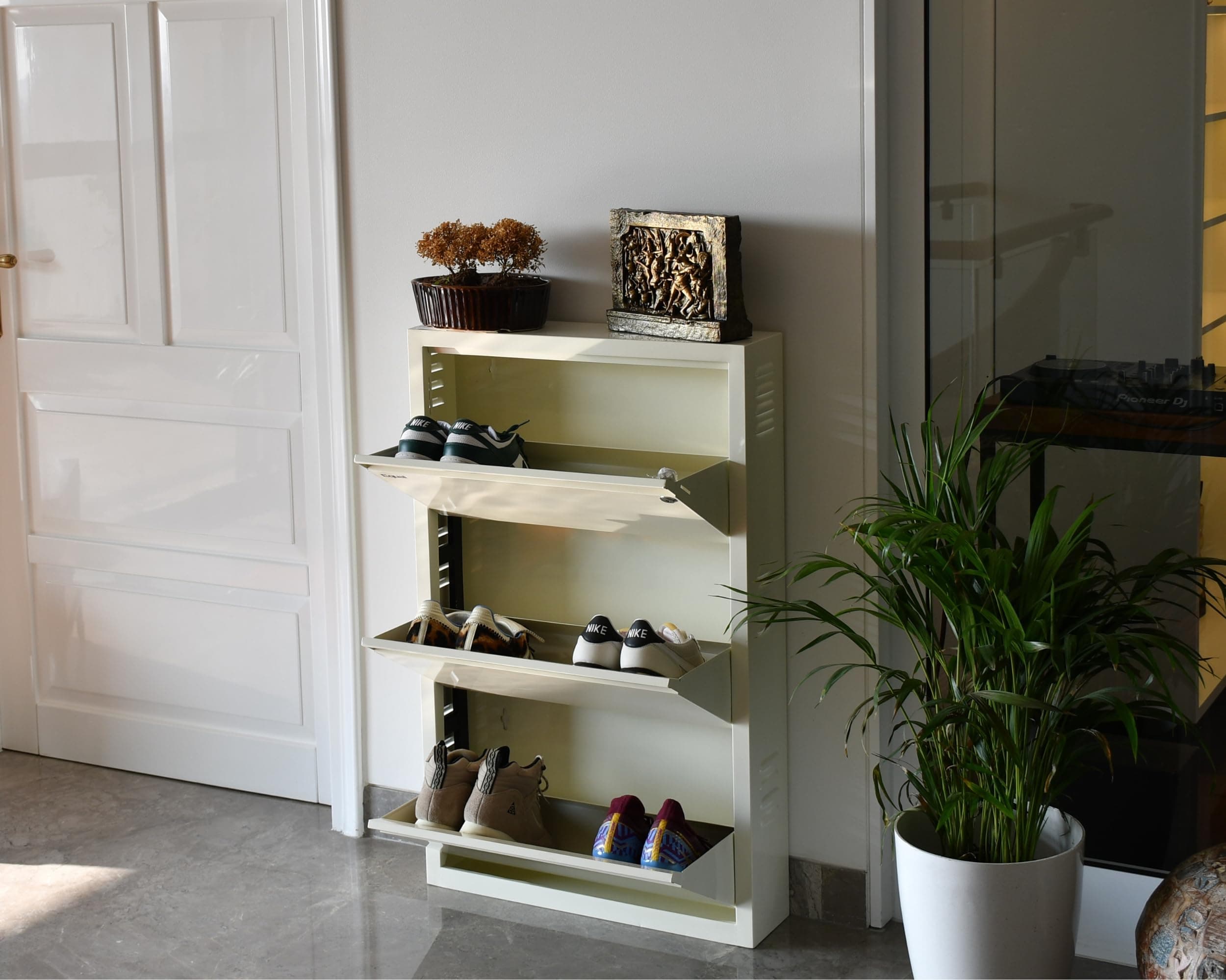 EQUAL 3 Shelf Metal Shoe Rack for Home | Wall Mounted Steel Shoe Cabinet | Holds 6-9 Pairs | Safety Lock | Rust-Proof Powder Coat | 3-Year Warranty | Glossy Ivory