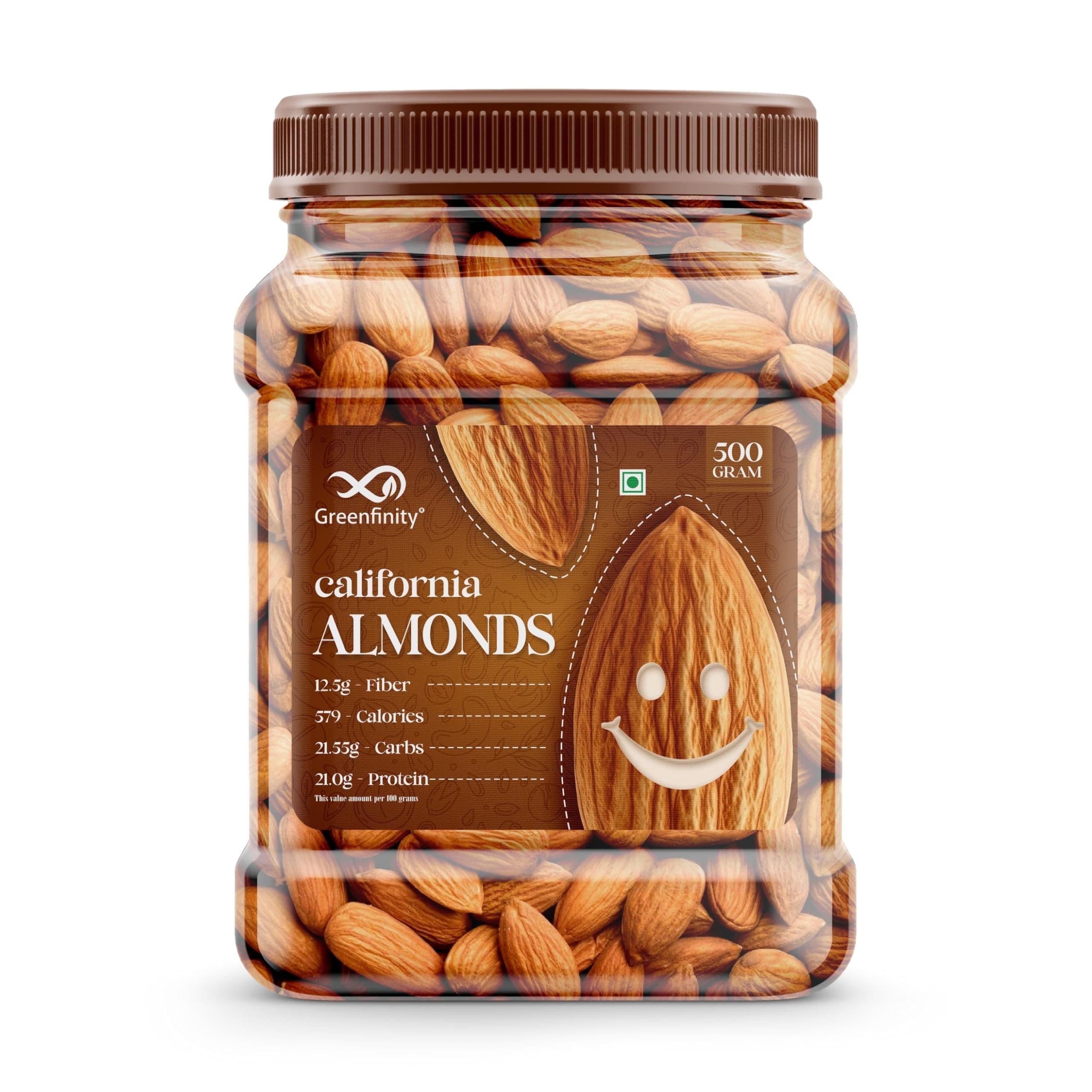 GreenFinity Fresh Almonds 500g, Californoia Badam,Healthy and Tasty Dry Fruits Delicious Snacks [Jar Pack].