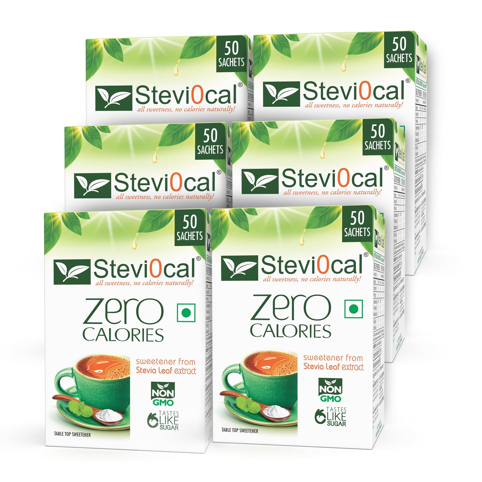 Stevi0cal Stevia Sweetener Powder in Sachets | 100% Sugar Free Natural | Zero Calorie for Weight Management, Diet, Diabetic Friendly | 50 Sachets, 1 Gram/sachet - Pack of Six (6 x 50 sachets)