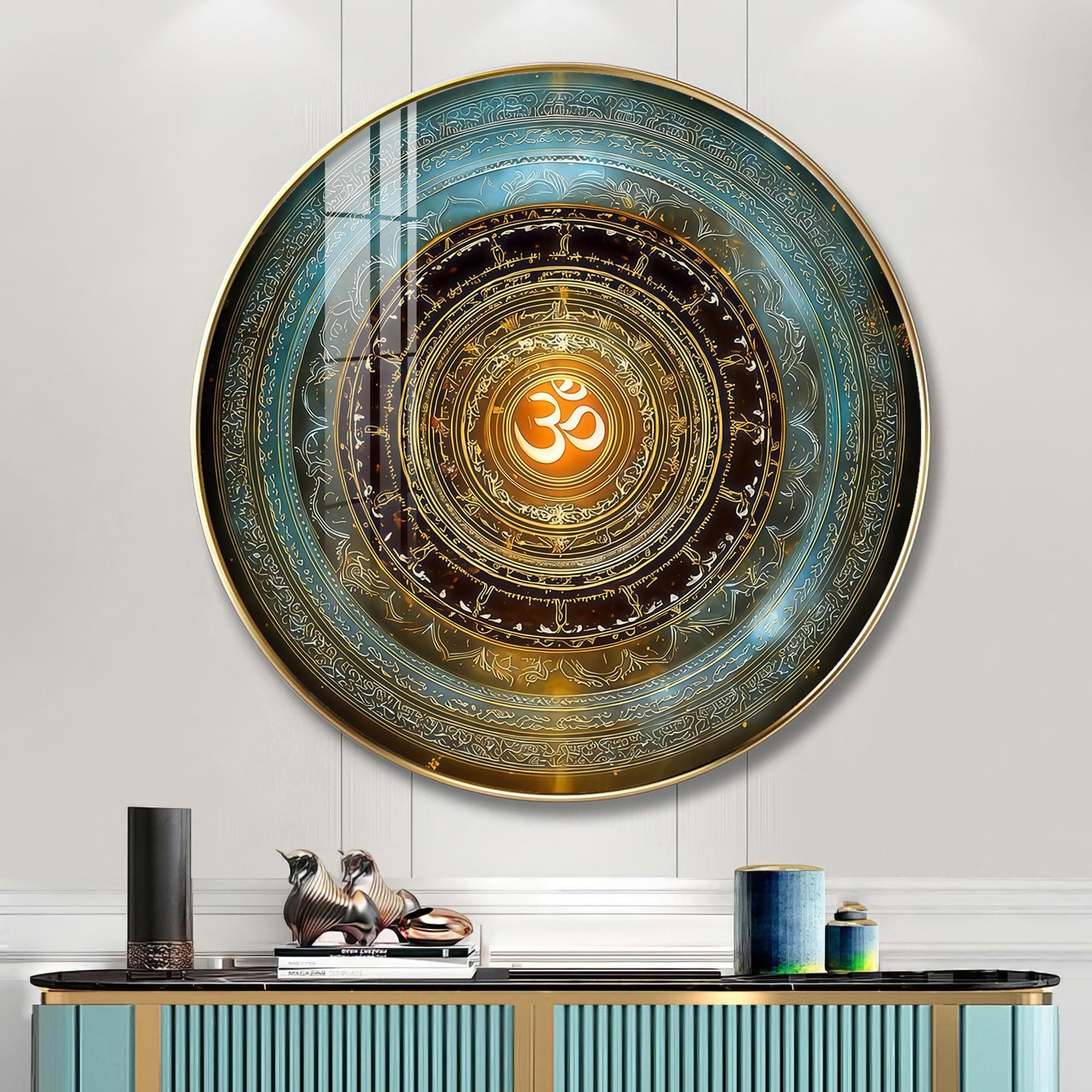 The Next Decor Divine Om Symbol Wood Glass Finish Round Wall Art Painting For Home & Office | Stylish Paintings For Living Space (Size- 18X18 Inches)