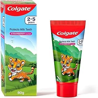 Colgate Kids Tiger Toothpaste for 2-5 Years - 80gm, Tooth Paste with 50% Lesser Abrasive Formula for Protecting Against Cavities (Strawberry Flavour)