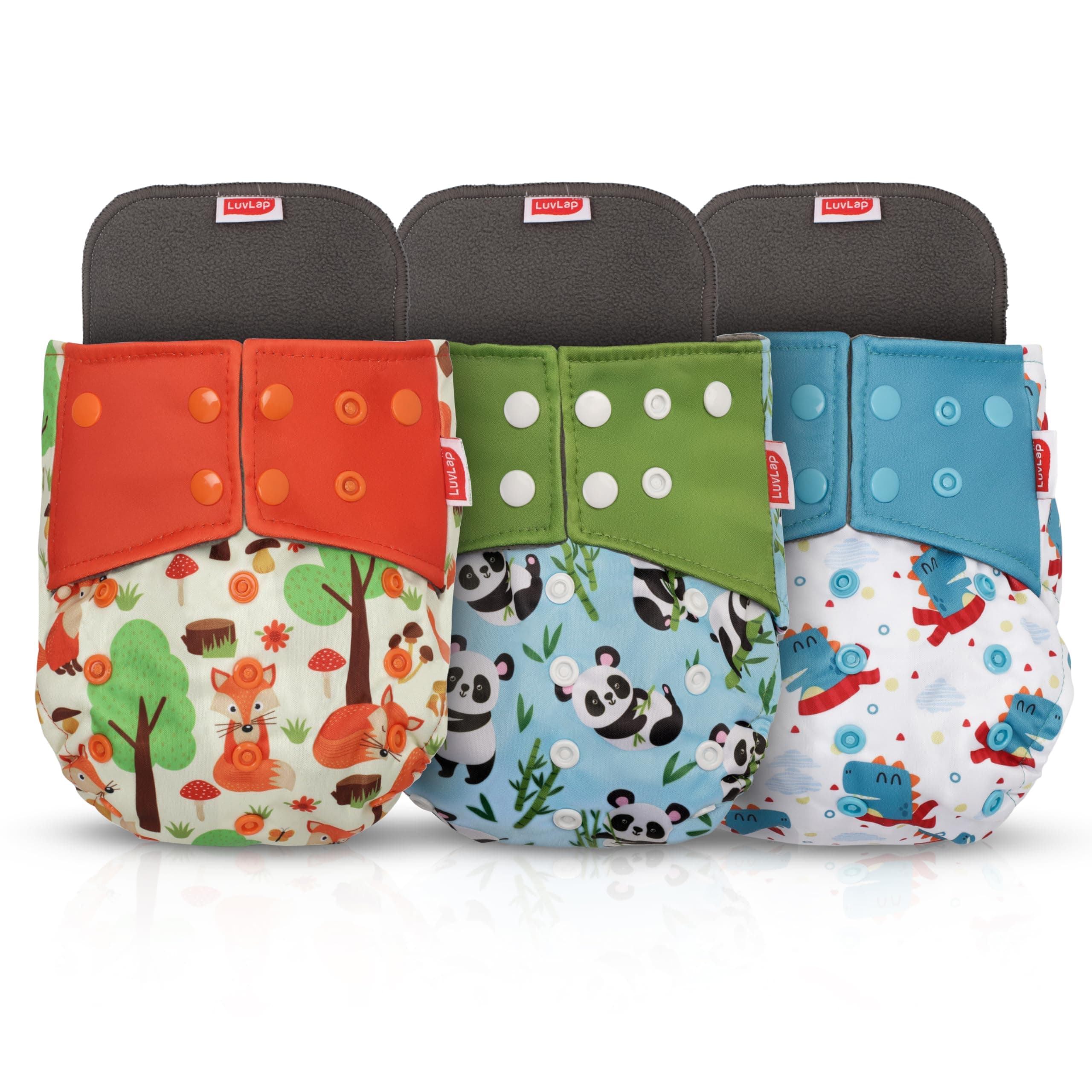 LuvLap Reusable Baby Cloth Diapers Combo Pack of 3 (3 Shell + 3 Pads) Double Leak Guard, High Absorption, Stain-Proof Comfort & Protection, 3m+, Rash Free, Adjustable Waist & Height with Snap Buttons