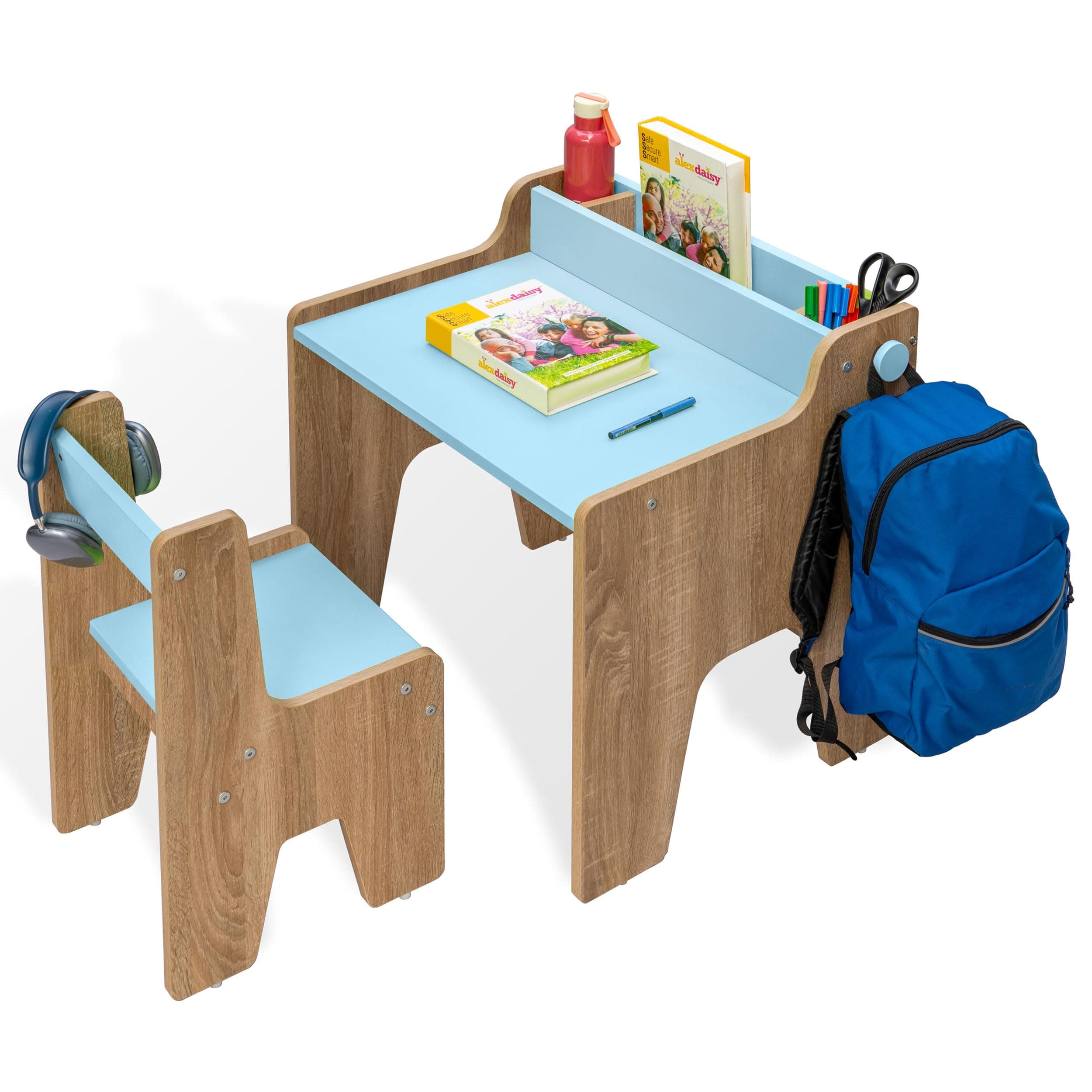 Alex Daisy Norway Kids Study Table & Chair Set for 3–12 Years | Non-Toxic Safe Material | Soft Coated Premium Finish | Engineered Wood Kids Study Desk with Storage & Bag Hook (Blue)