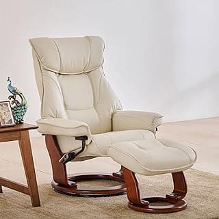 Home Centre | Silas Vanilla Faux Leather 1-Seater Revolving Recliner with Footstool | Recliner Sofa for Living Room | Solid Wood | White | 2 Year Warranty