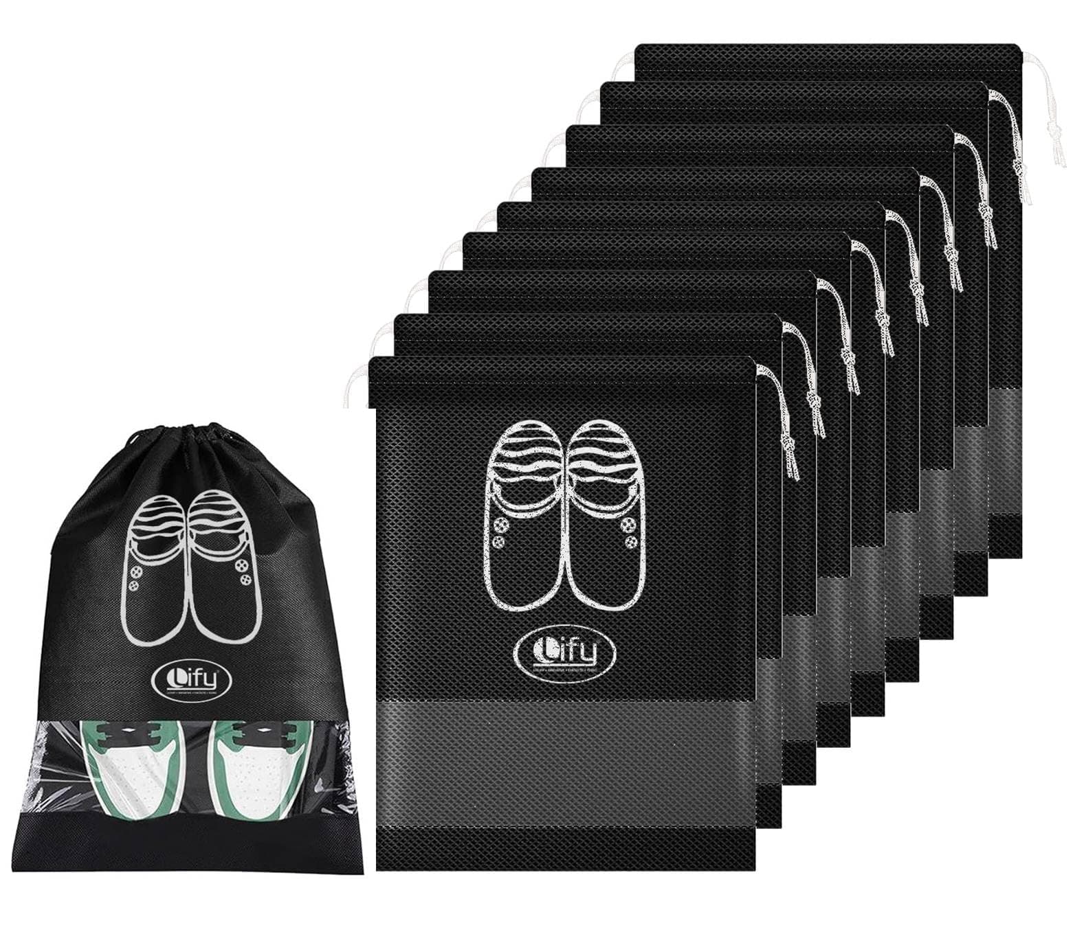 Portable Travel Shoe Bags Shoe Organizer Space Saving Storage Bags- 10 Piece Pack (Black 10 Pcs, 16 X 12'' Inches)