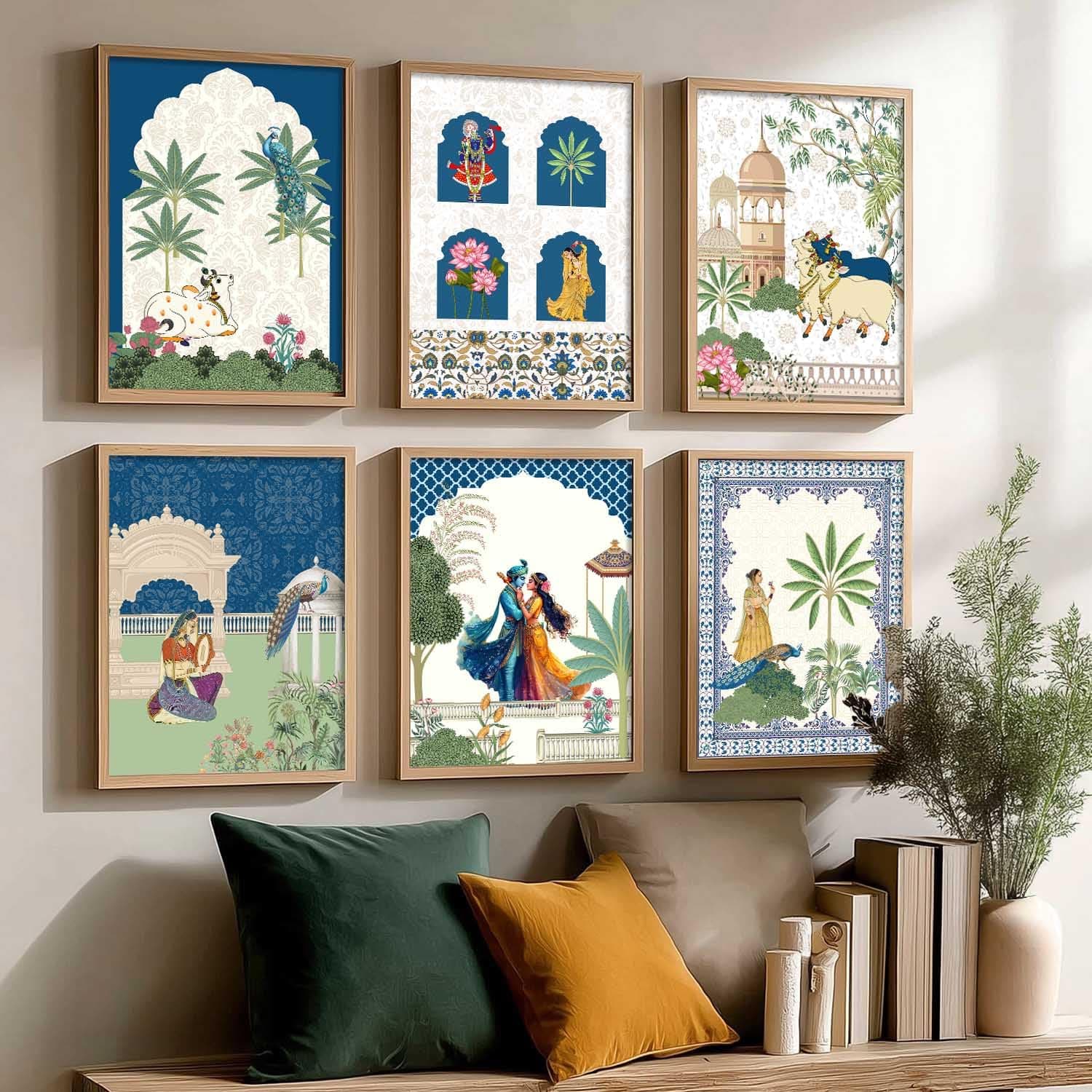 KOTART Framed Wall Painting for Home Room Bedroom Office Wall Décor | Traditional Indian Wall Art Madhubani Paintings for Living Room | Pichwai Art Painting for Wall Decoration | Wall Poster With frames | Wall Paintings For Home Decoration | Indian Wall Art Home Decor Frames | set of 6 (C, 13x17 inch)