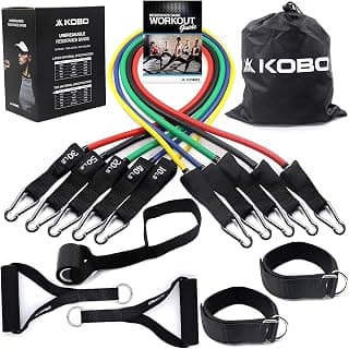 Kobo Latex Material 5 in 1 Resistance Tonning Tube Band Set with 2 Foam Handles, 2 Ankle Straps, 1 Door Anchor and Free Workout Guide for Pilates Training, Gym, Physical Therapy