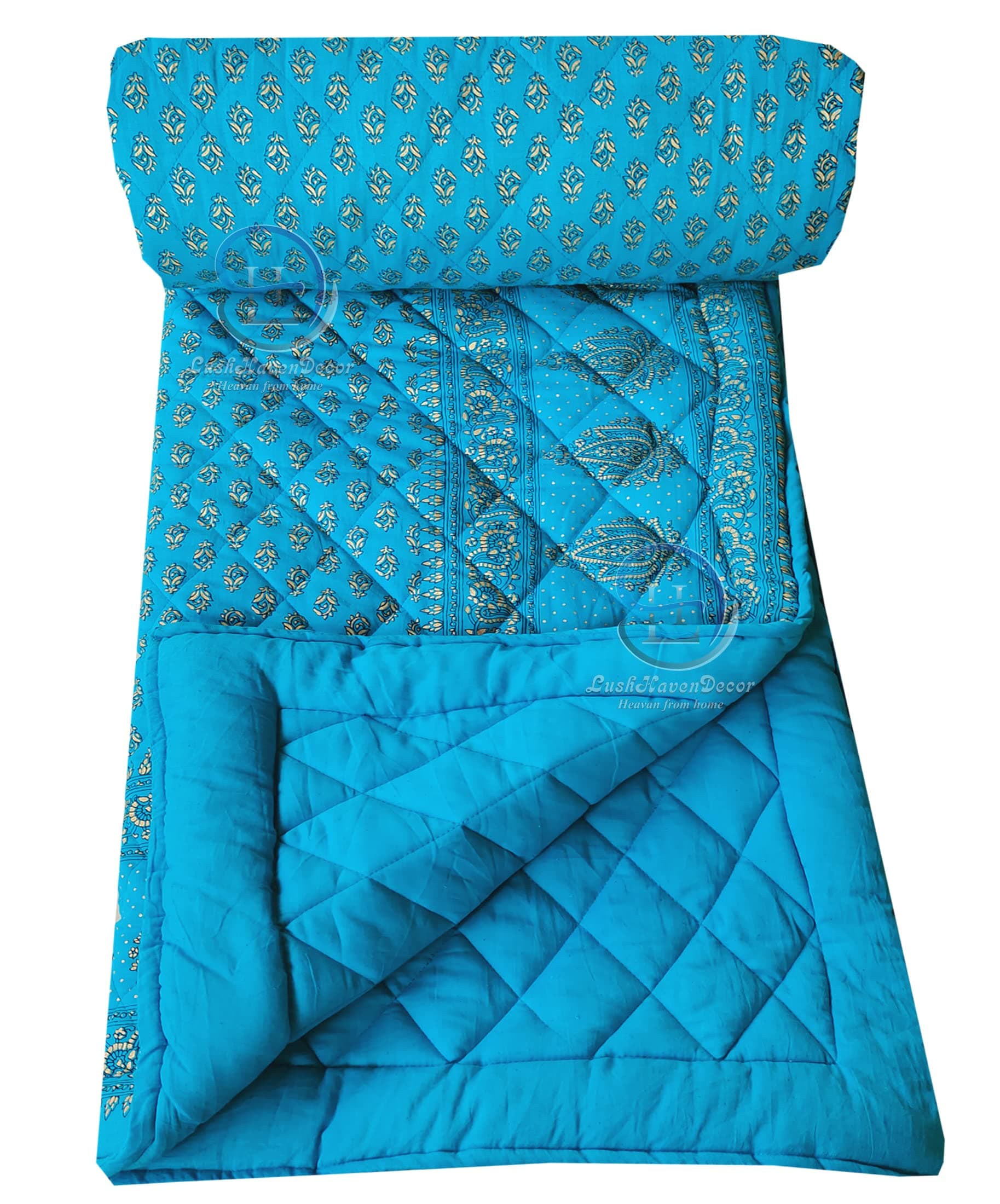 LushHavenDecor Jaipuri Razai Single Bed Gold Print with Computerized Quilting Use as Soft and Breathable Cotton Comforter Quilt Rajai Blanket Dohar Size 55X85 inch Sky Blue Pack of 1
