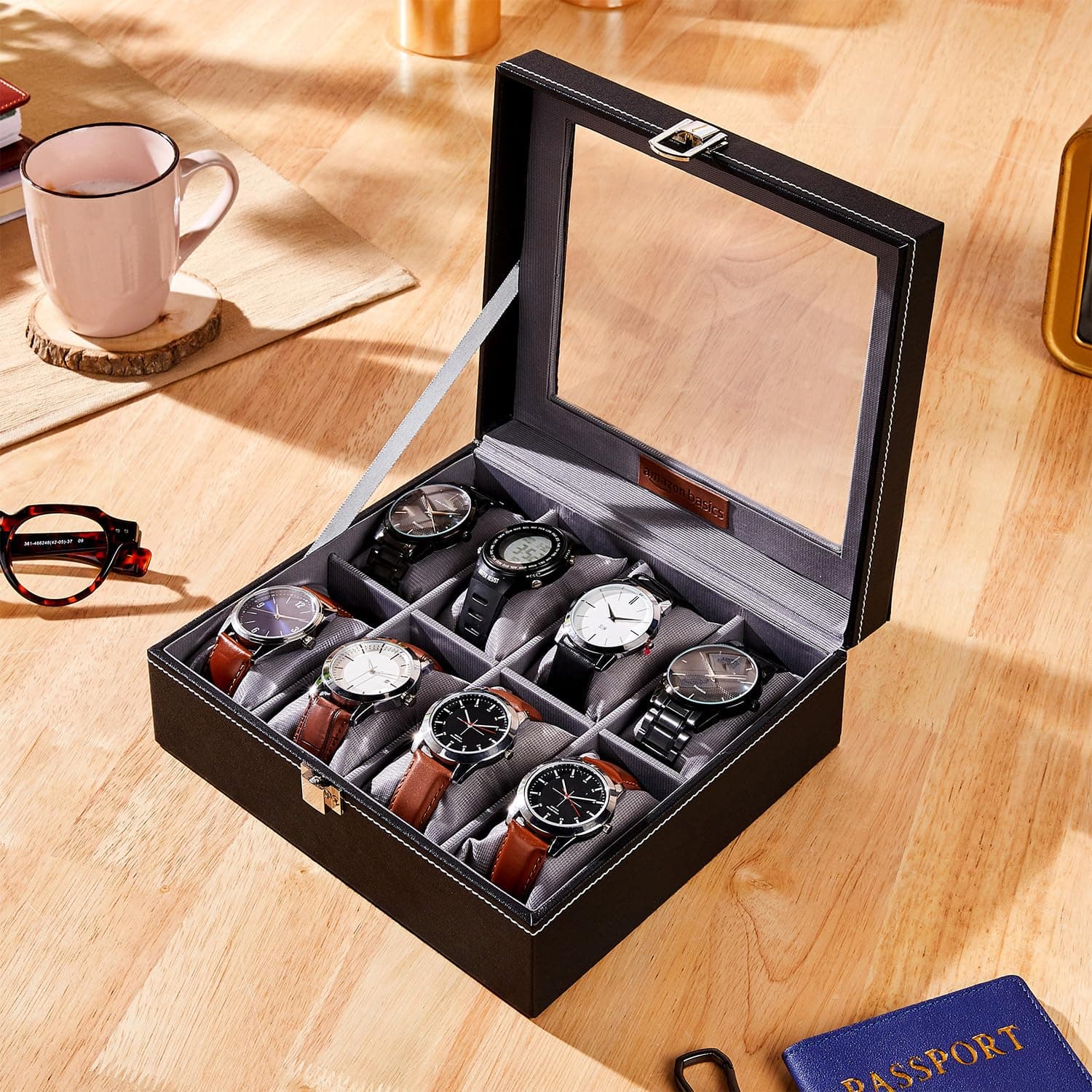 Amazon Basics Unisex Faux Leather Watch Organiser Box with 8 Slots | Watch Organiser with Transparent Lid (Black)