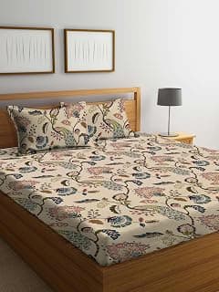 DECOMIZER XL Floral Anokhi Microfiber Soft Cotton Queen Bedsheet for Double Bed, Queen Size 90 Inches X 100 Inches, 230 X 250 cm with 2 Large Size Pillow Covers Without Joint - Beige